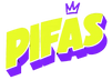 Logotipo PIFAS en amarillo neón y violeta sobre negro, con corona y la frase Tacos, elotes y quesabirrias.